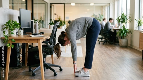 Woman doing a forward stretch during an office break, workplace wellness concept, flexible body movement beside desk, healthy corporate routine, active employee in modern office, midday exercise,