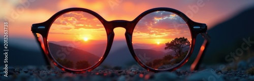 Eyeglasses focus on vibrant sunset mountains. Orange sky clouds reflect beautiful natural scenery. Tree silhouette adds depth to landscape view.
