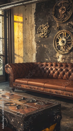 Bright vintage office showcasing rustic charm and antique timepieces. Luminous vintage work area with leather seating and loft filled with antique clock accents