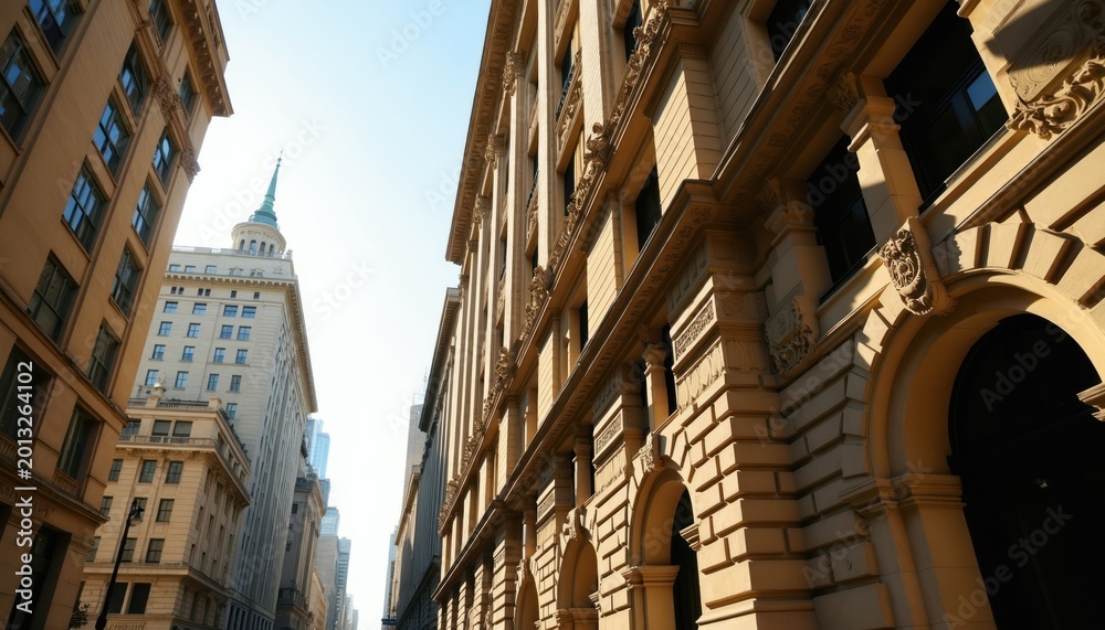 Fototapeta premium Tall vintage buildings in city canyon with ornate facades. Sunlight creates strong shadows on stone architecture. Clear sky above urban street. Old style architecture contrasts modern structures.