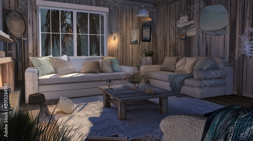 Comfortable seaside cottage living space. Intimate coastal home ambiance with soft lighting. Relaxing evening environment decorated with textured textiles and art