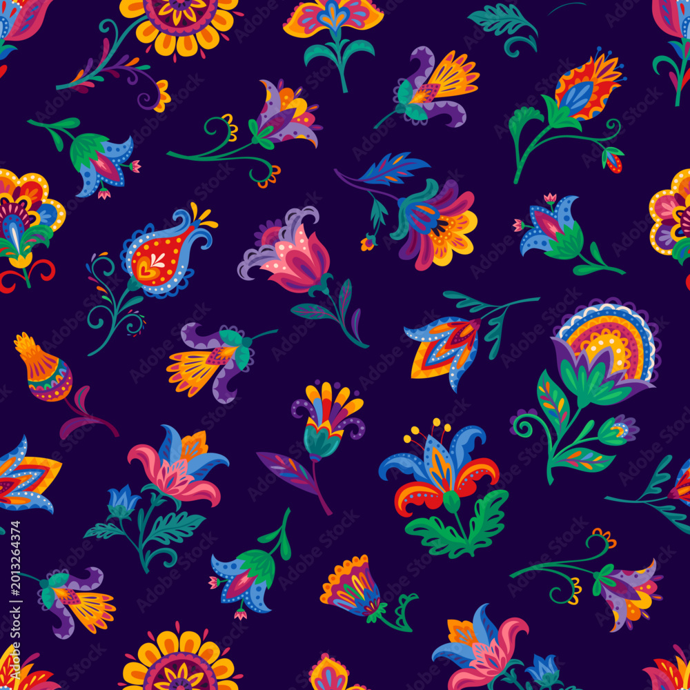 Fototapeta premium Mexican flowers and plants seamless pattern. Vector folk floral alebrije tile background, featuring flowers, leaves, paisley motifs and ornamental blooms, conveying festive Latin holiday celebration