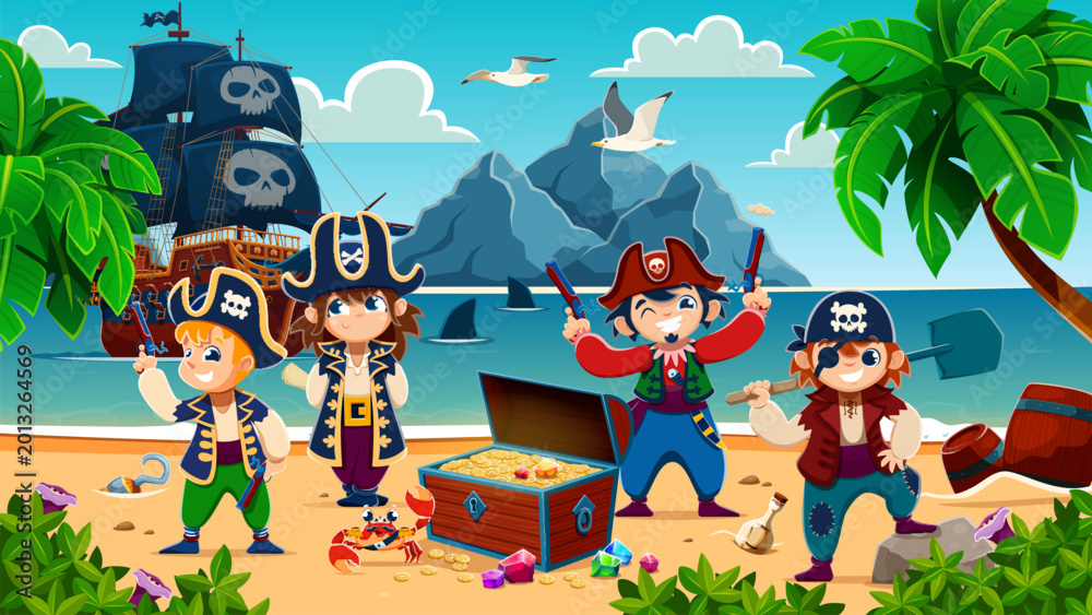 Naklejka premium Cartoon kid pirates and corsairs on tropical island with treasure chest. Playful children swashbucklers ship crew celebrate on beach around an open wooden trunk filled with gold coins and gems loot