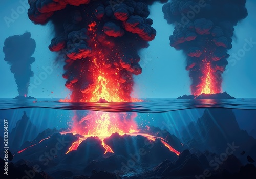 Intense subaquatic volcano erupts with massive columns of smoke and ash while magma glows brightly through the deep blue ocean waters, smoke, illumination, particles