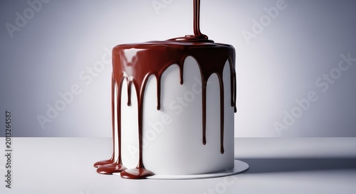 Luscious ribbons of velvet dark chocolate ganache drip slowly over the edge of a tall decadent cake finished with smooth white frosting, wedding, melting, richness