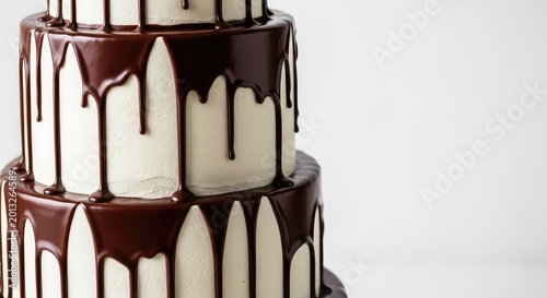 Luscious ribbons of velvet dark chocolate ganache drip slowly over the edge of a tall decadent cake finished with smooth white frosting, birthday, dark, baking