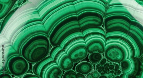 Macro view of a polished malachite stone showing vibrant green swirling patterns and intricate banded textures in a detailed mineral shot, opaque, circular, specimen