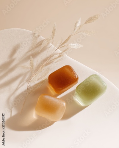 Pastel soap close up with dried grasses and soft shadows on textured neutral surface for spa product styling card poster and minimalist background design
