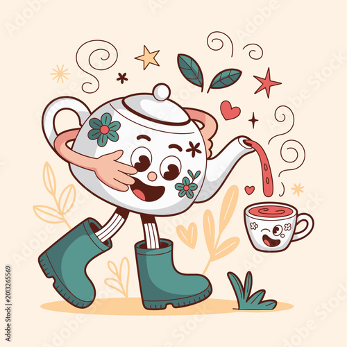 Tableau sur toile Cheerful cartoon teapot character wearing rubber boots pouring hot tea into a ha