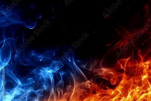 Abstract fire and ice smoke background with vibrant red and blue flames on black backdrop