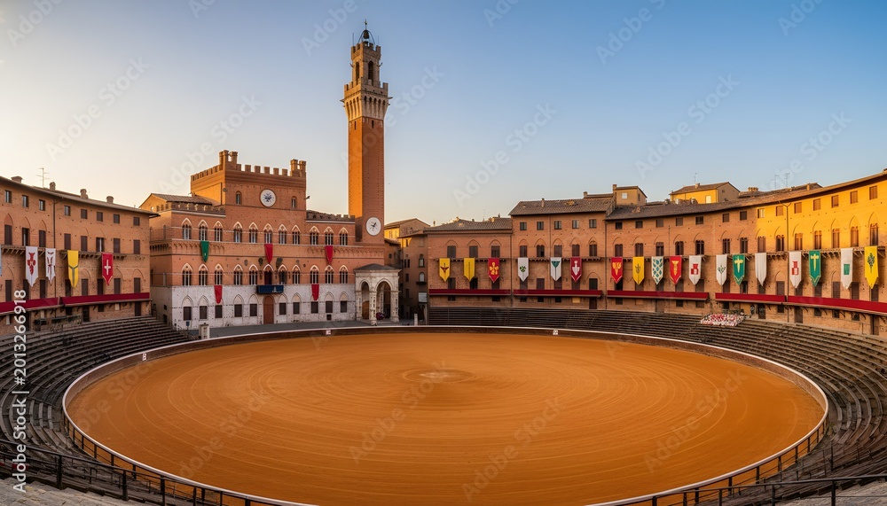 Obraz premium Historic stadium in siena for the cultural festival and il palio horse race concept, featuring the iconic piazza del campo with palazzo pubblico and torre del mangia at sunset