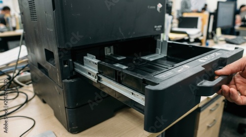 Printer paper tray being opened for maintenance or refill.