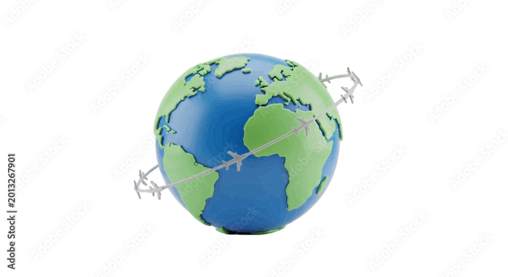 Naklejka premium Minimal black silhouette icon, simple flat vector, bold black shape, no, no shading globe with airplanes orbiting around it on a, flat icon style