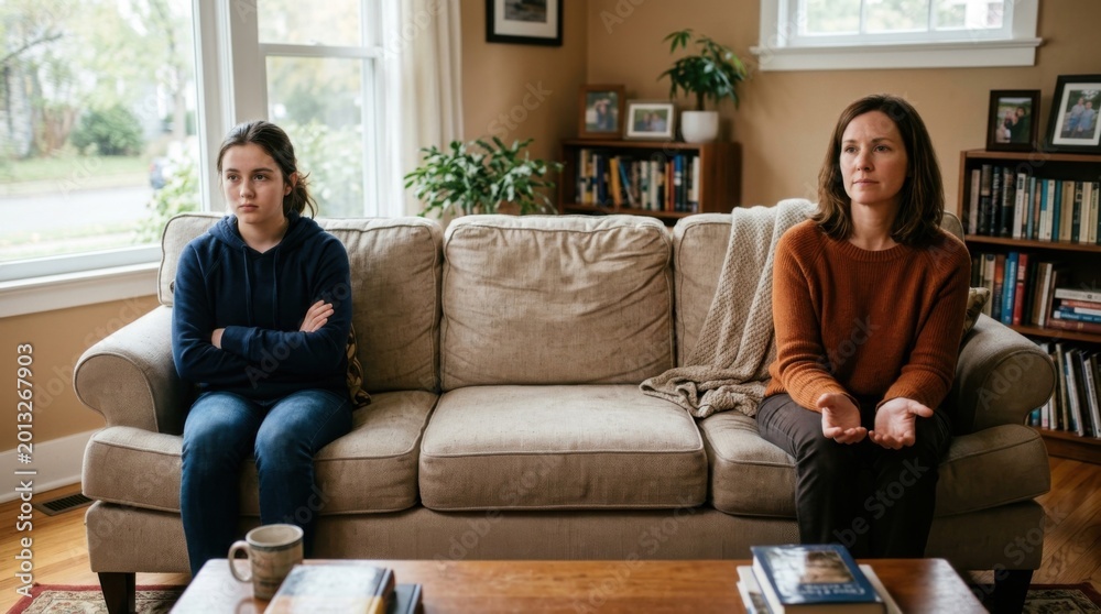 Obraz premium Two women sitting on a couch in a living room, looking away.