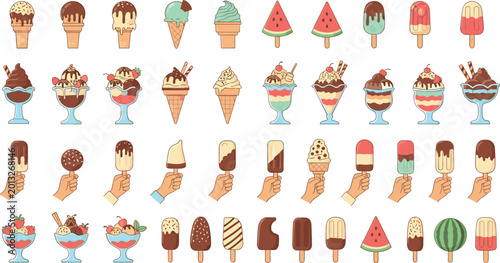Konstfotografi Large vector set of delicious ice cream varieties including cones sundaes and popsicles with chocolate vanilla and fruit flavors for summer dessert menu designs
