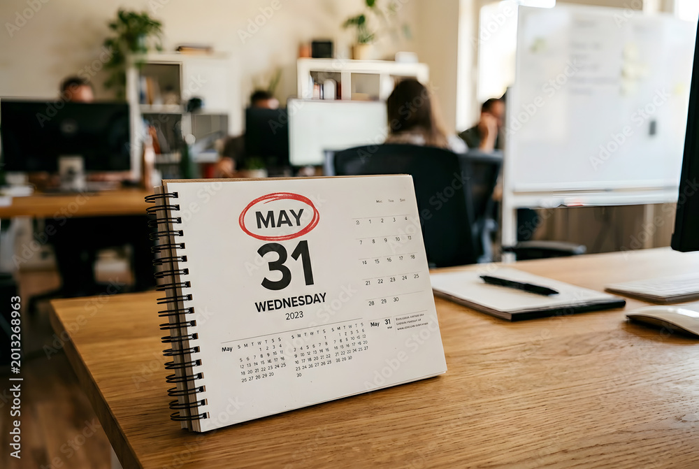 Obraz premium Desk calendar shows may 31st Wednesday 2023 with people working.