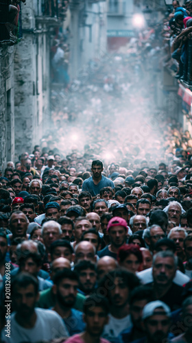 Crowd of people gathering in a narrow street filled with energy and excitement