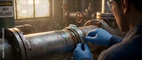 Close-Up of Gloved Technician Hands Near Hose Clamp Illustrating Industrial Maintenance