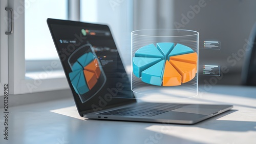 Modern laptop showcasing advanced data visualization, 3D holographic pie chart, for business analytics, financial reports, and market strategy. Clean, digital technology concept, innovation, statis