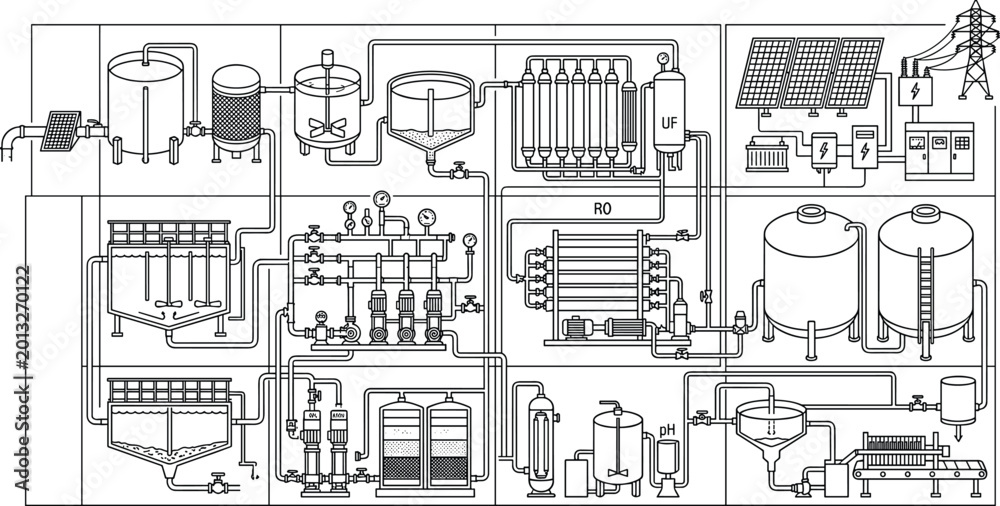 Obraz premium Advanced water treatment plant process diagram with ultrafiltration reverse osmosis tanks and solar powered system line art