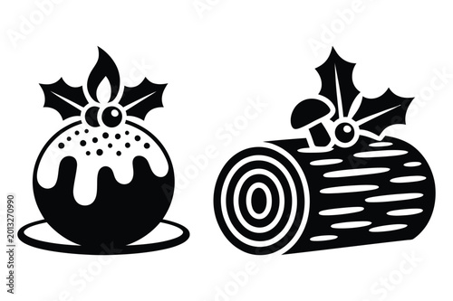 Konstfotografi Traditional christmas pudding and yule log desserts with holly berries vector
