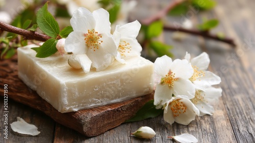 Soap and jasmine sat on a wood table, seen up close.