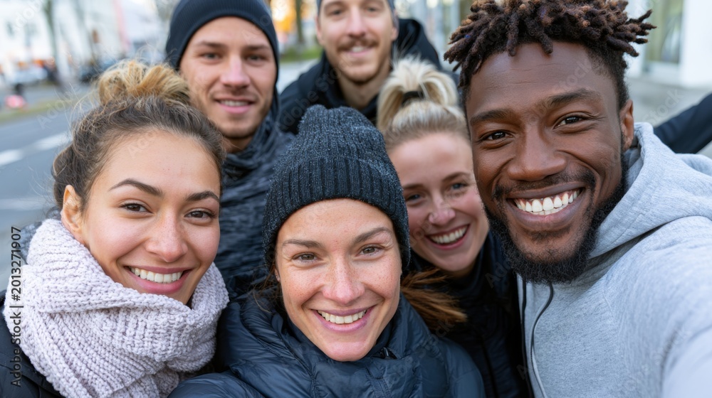 Obraz premium Cheerful group of runners captures joyful moment during morning jog