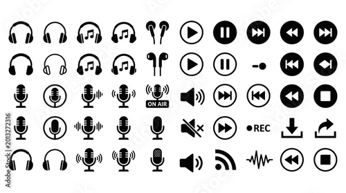 Obraz na plátně Set of black multimedia icons featuring various microphone designs headphones mu