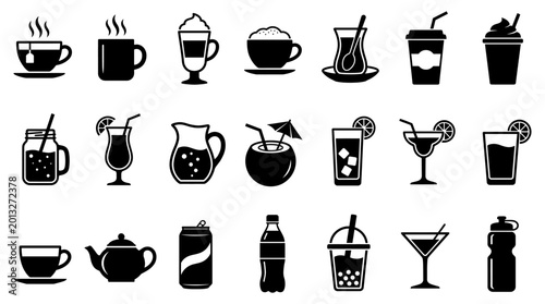 Fotografía Diverse collection of black beverage icons featuring various types of hot and co