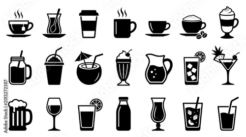 Foto Collection of diverse drink icons featuring various hot and cold beverages in si