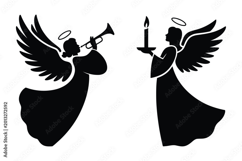 Naklejka premium Christmas angels playing trumpet and holding lit candle vector icons