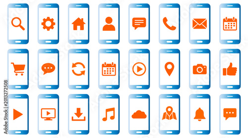Multiple blue smartphone icons displaying various orange interface symbols for mobile applications and modern digital communication systems for global users