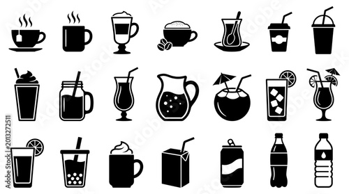 Collection of diverse black beverage icons featuring various coffee cups tea glasses soda cans and refreshing fruit juice drink containers