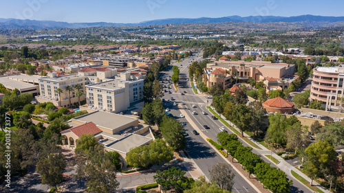 Afternoon aerial view of the downtown skyline buildings of Santa Clarita, California, USA.