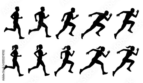 Fotografija Running motion sequence silhouettes male and female jogging vector illustration