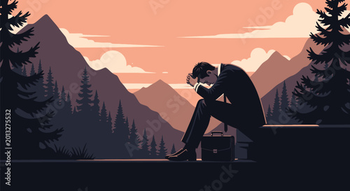 Fotografía Sad business man sitting on stone wall in dark forest mountain landscape feeling depressed stressed burnout anxiety and corporate pressure after losing job fail