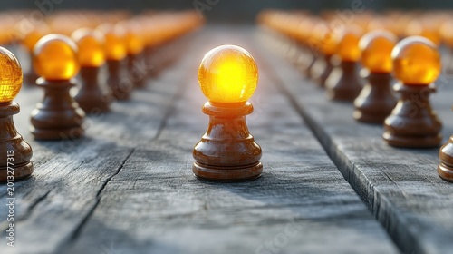 A glowing chess pawn representing a bright idea or innovation leading the way forward on a rustic wooden surface.