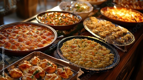 Abundant Holiday Food Spread Featuring Festive Dishes and Desserts in Warm Dining Room Lighting