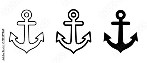 Fotografie Nautical anchor icon set with three variations, minimalist maritime ship equipme