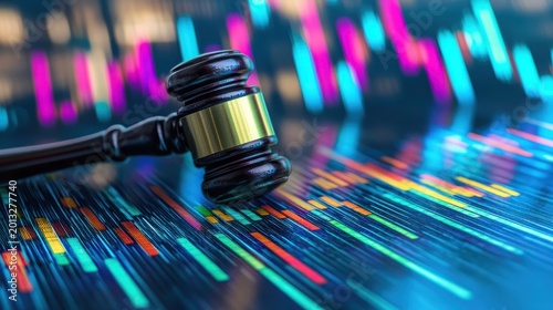 Antitrust Law Gavel Over Financial Charts Representing Economic Regulation and Justice