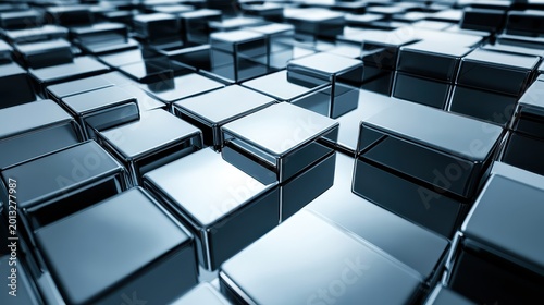 Abstract Metallic Cubes in Reflective Geometric Pattern with Dramatic Lighting and Polished Look