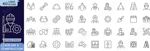 Φωτογραφία Labor Day construction worker line icons with engineering tools industry safety