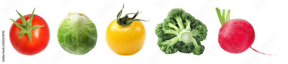 Fototapeta premium Fresh vegetables on transparent background, set. Brussels sprout, tomatoes, broccoli and radish