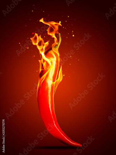 фотографія Hot chili pepper with flames on red gradient background