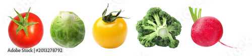 Fresh vegetables on transparent background, set. Brussels sprout, tomatoes, broccoli and radish