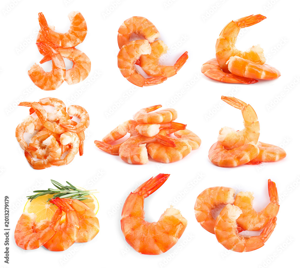 Fototapeta premium Delicious cooked shrimps isolated on white, set. Healthy seafood