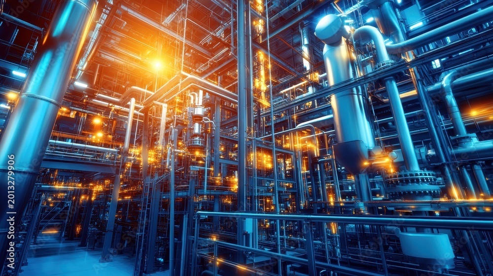 Fototapeta premium Intricate Industrial Energy Production Systems with Clean Lines and Detailed Design in Ambient Lighting