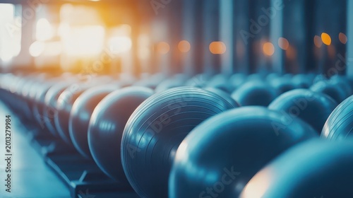 Fitness class with rows of exercise balls in a brightly lit gym setting