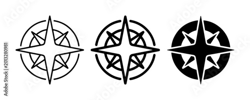 Compass Rose Icons, Navigation Symbols, Nautical Star Designs, Set of 3 Vector Graphics for Directional Guidance and Exploration