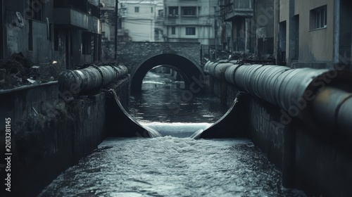 Industrial Waste Water Flowing Through City Canal Pipes Underneath an Old Bridge